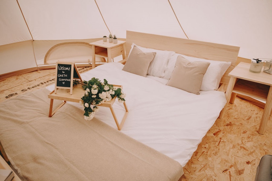Bell Tent interior at Garth Glamping